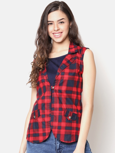 

V2 Value & Variety Red & Navy Blue Checked Regular Top & Jacket