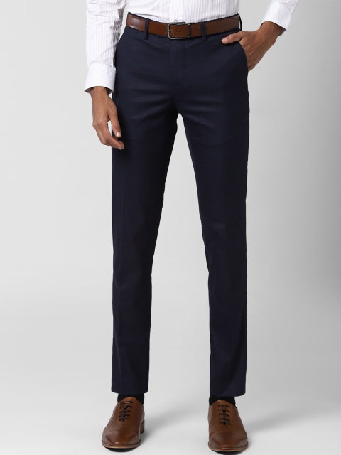 

Peter England Elite Men Navy Blue & Maroon Slim Fit Checked Formal Trousers