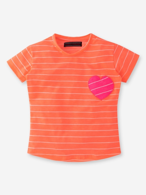 

MAGIC TEES Girls Orange & White Cotton Striped Round Neck T-shirt