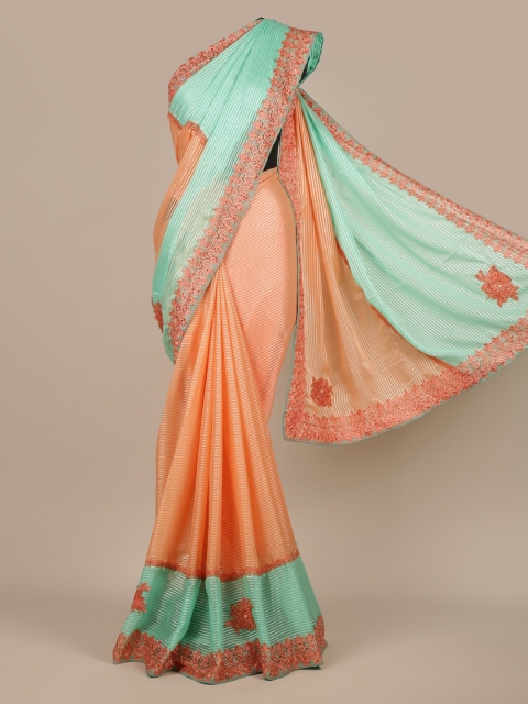 

Pothys Peach-Coloured & Green Poly Chiffon Striped Saree