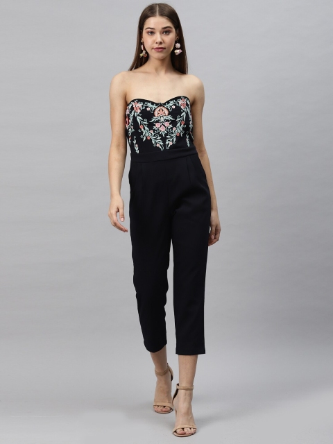 

ATRAENTA Women Black Off Shoulder Embroidered Capri Jumpsuit