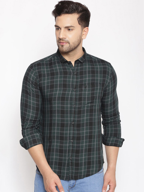 

SHOWOFF Men Green & Black Cotton Classic Slim Fit Checked Casual Shirt