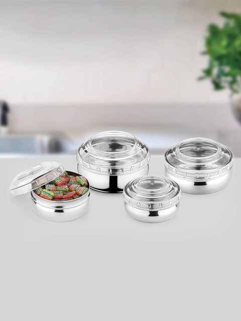 

Jensons Set Of 4 Silver-Toned & Transparent Stainless Steel Belly Storage With Break Resistant Lids