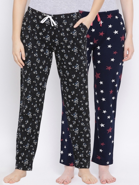 

Kanvin Women Pack Of 2 Printed Pure Cotton Lounge Pants PJ1087+PJ1076, Black