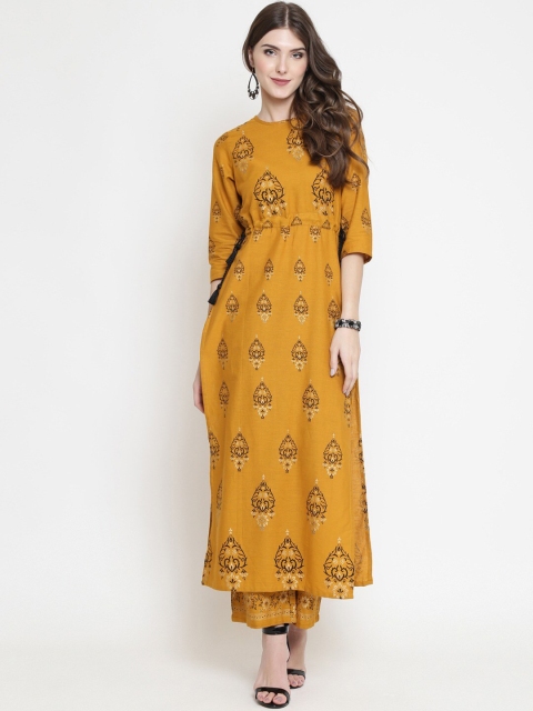 

Sera Women Mustard Yellow & Black Printed Pure Cotton Kurta with Trousers