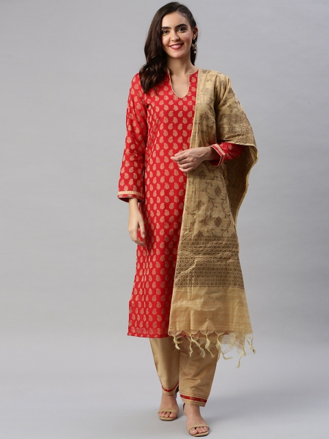 

Soch Red & Beige Woven Design Unstitched Dress Material