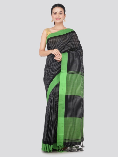 

PinkLoom Black & Green Pure Cotton Checked Handloom Sustainable Saree