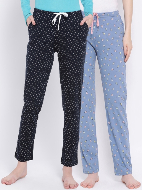 

Kanvin Women Pack Of 2 Printed Cotton Lounge Pants, Navy blue