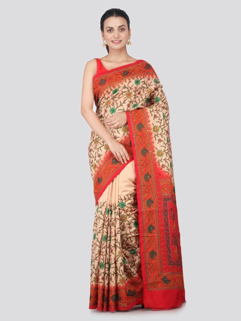 

PinkLoom Beige & Red Pure Silk Embroidered Saree