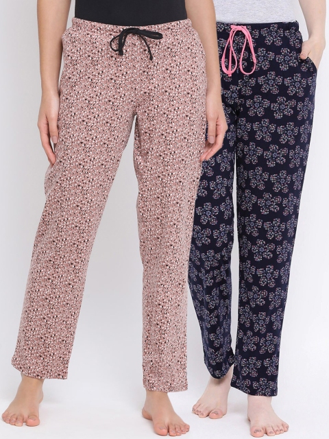 

Kanvin Women Pack Of 2 Printed Pure Cotton Lounge Pants PJ1064+PJ1111, Navy blue