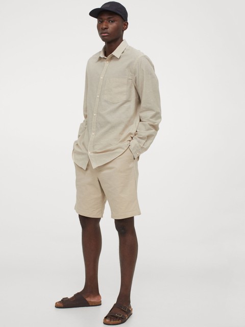 

H&M Men Beige Solid Regular Fit Linen-Blend Shirt