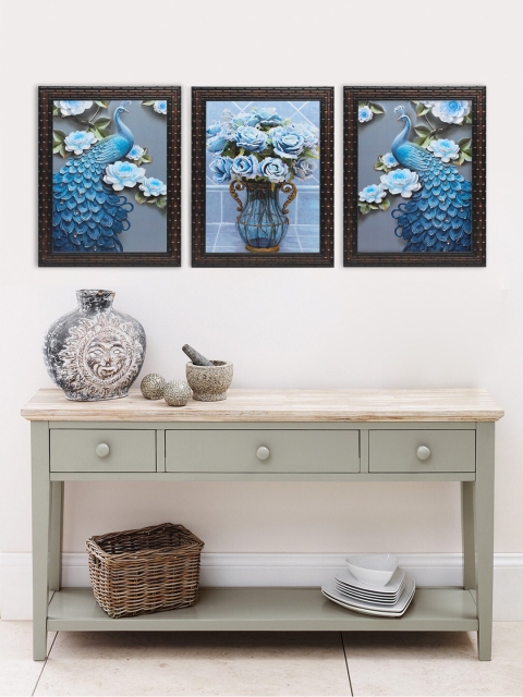 

Indianara Set of 3 Peacocks Framed Art Prints, Blue