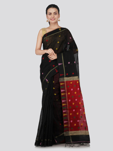 

PinkLoom Black Cotton Blend Woven Design Handloom Sustainable Saree