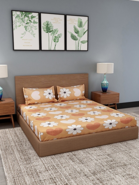 

NEUDIS Beige & White Floral 180 TC Polyester 1 King Bedsheet with 2 Pillow Covers