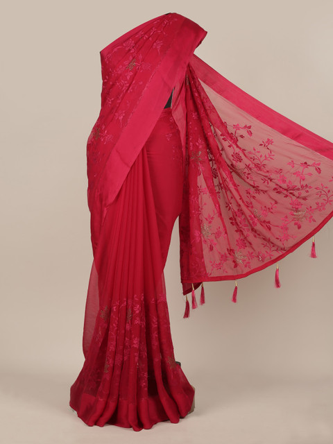 

Pothys Red Woven Design Poly Chiffon Saree