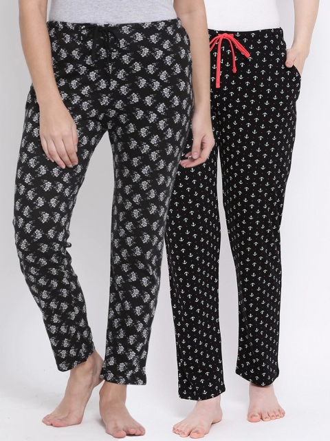 

Kanvin Women Pack of 2 Printed Pure Cotton Lounge Pants PJ1070+PJ1121, Black