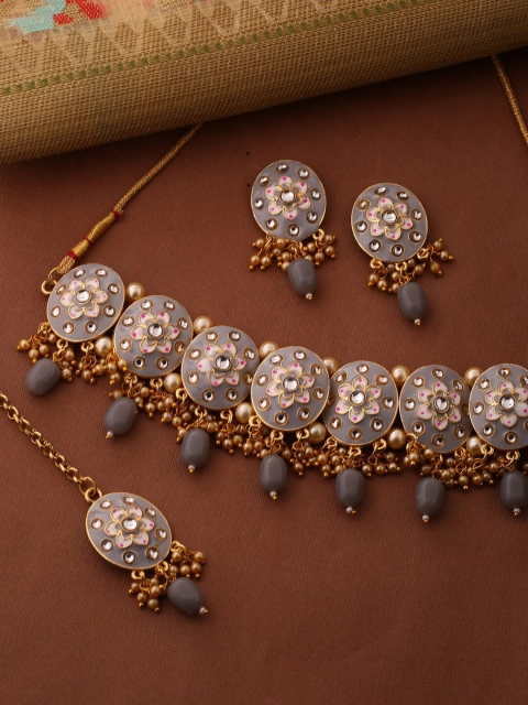 

Shoshaa Gold Plated Grey & White Handcrafted Stone-Studded Jewellery Set