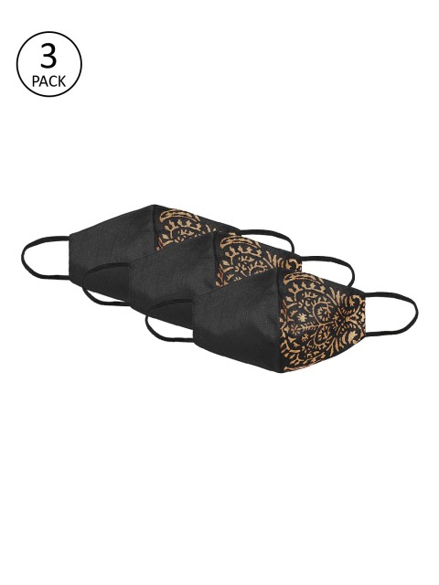 

Ira Soleil Pack Of 3 Black & Yellow Printed 2-Ply Reusable Cloth Masks