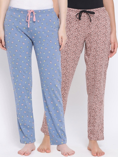 

Kanvin Women Pack Of 2 Printed Pure Cotton Lounge Pants PJ1111+PJ1073, Brown