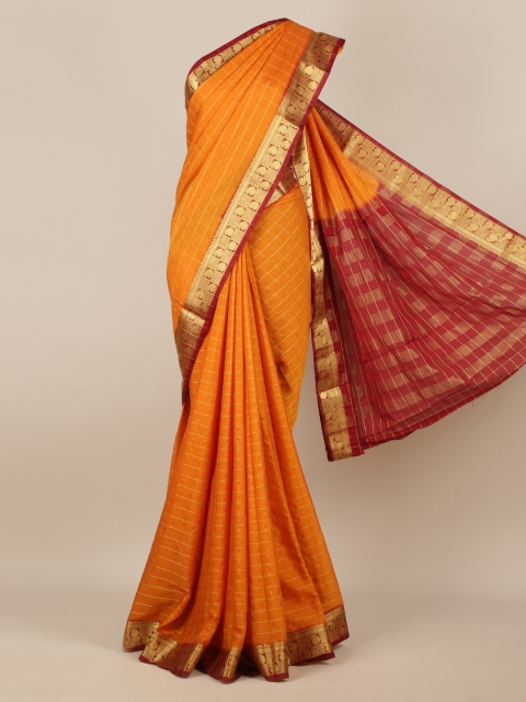 

Pothys Orange & Gold-Toned Poly Georgette Checked Saree