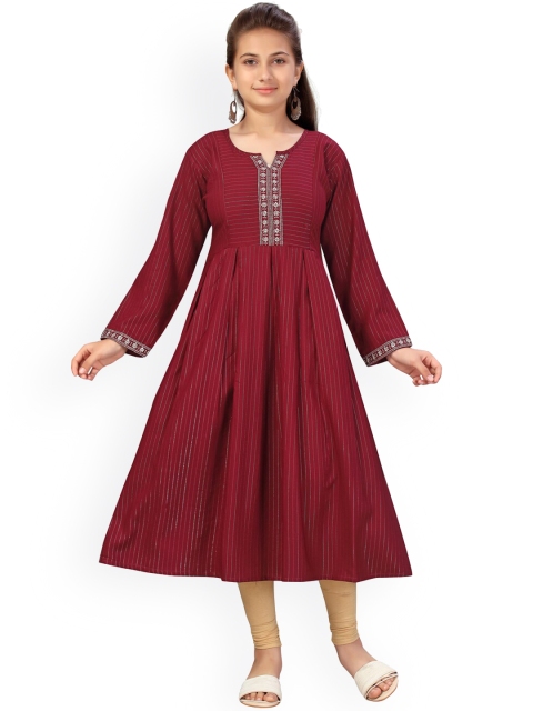 

Aarika Girls Burgundy Embroidered Floral Cotton Anarkali Kurta