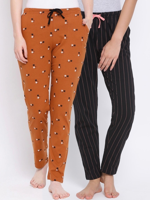

Kanvin Women Pack of 2 Printed Pure Cotton Lounge Pants PJ1116+PJ1123, Black