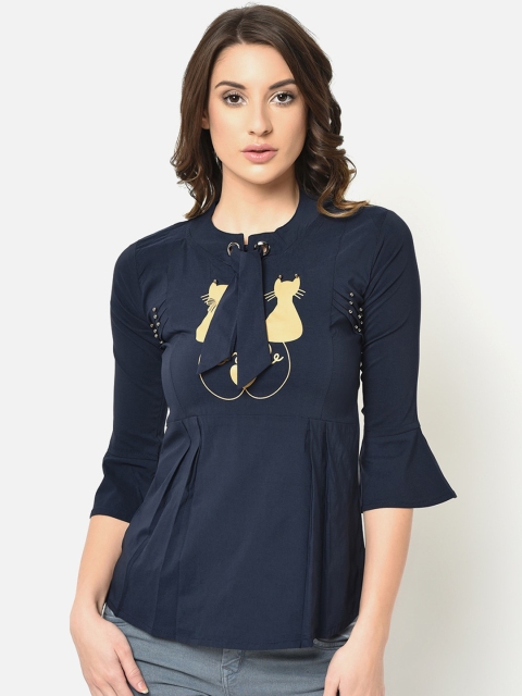 

V2 Value & Variety Navy Blue & Beige Tie-Up Neck A-Line Top