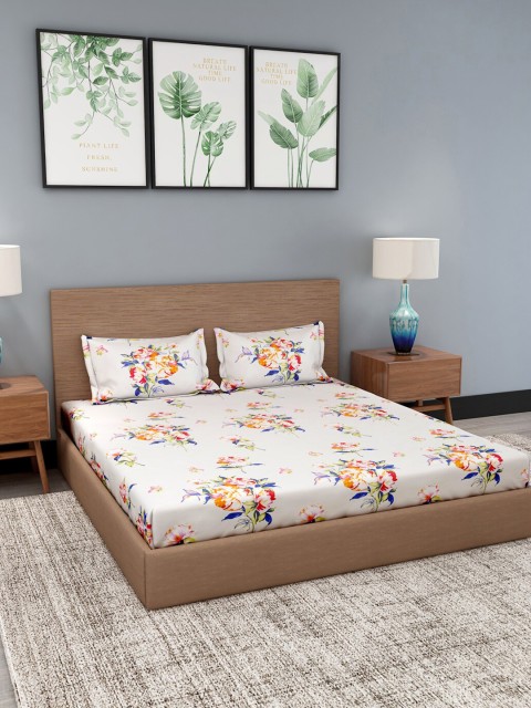 

NEUDIS Beige & Pink Floral 180 TC Polyester 1 King Bedsheet with 2 Pillow Covers