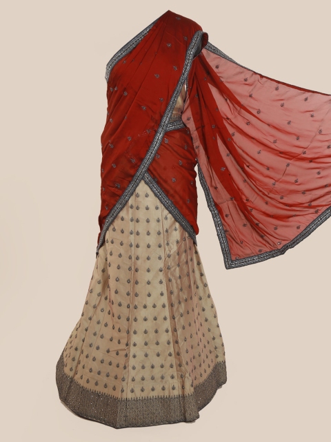 

Pothys Maroon & Beige Poly Chiffon Embellished Half & Half Saree