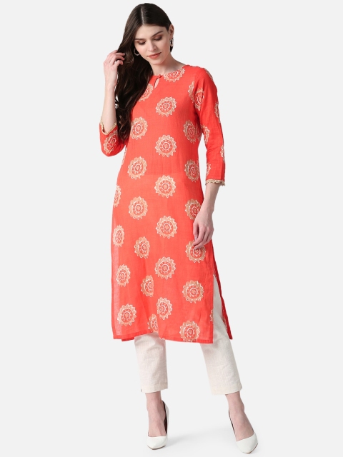 

AHIKA Women Coral Ethnic Motifs Printed Keyhole Neck Kurta