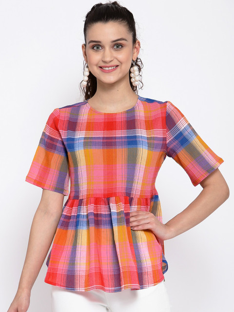 

Pepe Jeans Women Red Checked Cinched Waist Top
