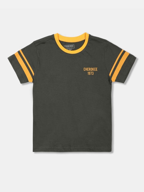 

Cherokee Boys Olive Green Solid Round Neck Cotton T-shirt