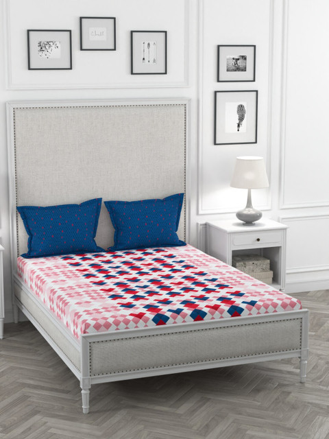 

Portico New York White & Pink Geometric 144 TC Cotton 1 Queen Bedsheet with 2 Pillow Covers