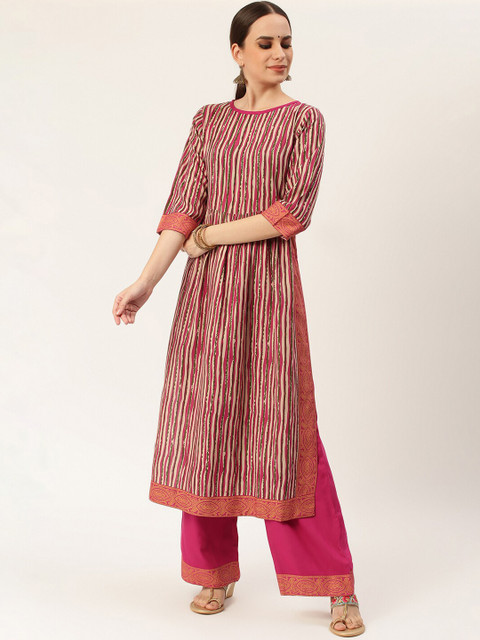 

Rustorange Women Pink & Off-White Striped Kurta with Palazzos