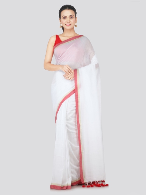 

PinkLoom White Pure Cotton Solid Handloom Saree