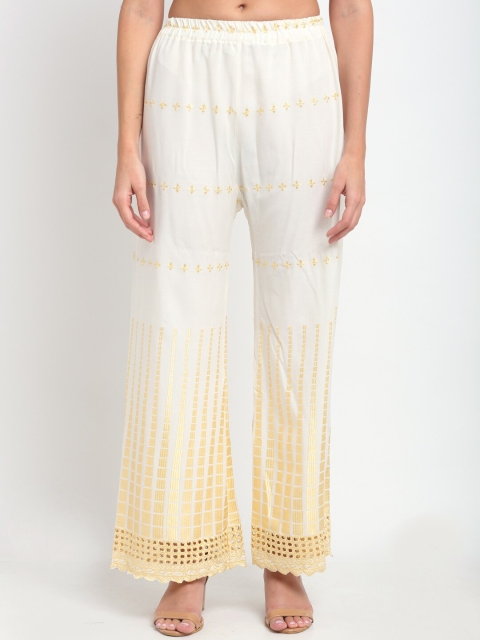 

NEUDIS Women White & Gold-Toned Embroidered Wide Leg Palazzos