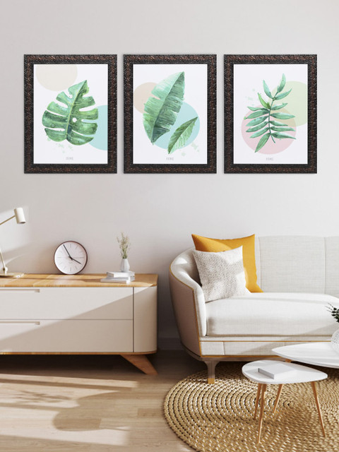 

Indianara Set Of 3 Green & White Leaves Framed Art Prints