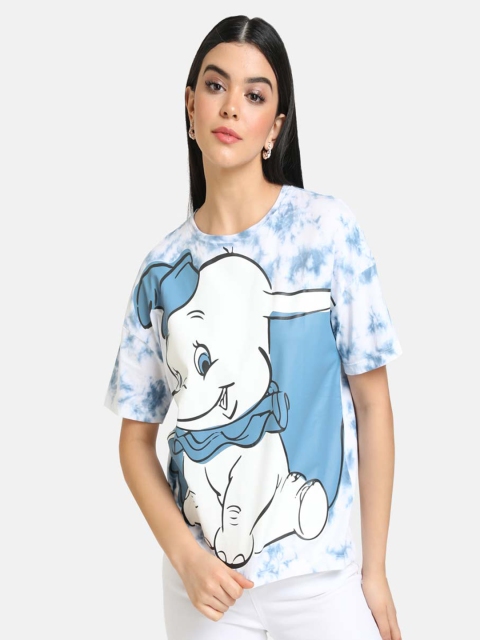 

Kazo Women Blue & White Dumbo Print Tie & Dye Round Neck T-shirt