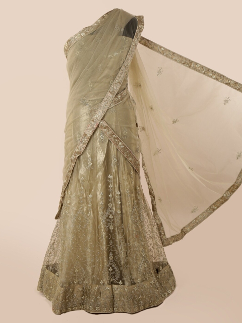 

Pothys Green & Silver-Toned Net Embroidered Traditional Half Saree