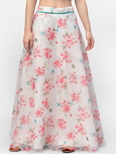 

studio rasa Women White & Pink Floral Printed Flared Maxi Bias Skirt