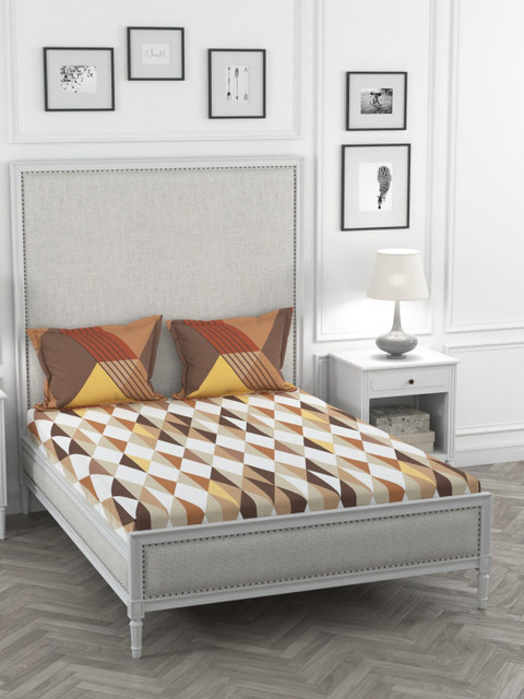 

Portico New York White & Brown Geometric 144 TC Cotton 1 King Bedsheet with 2 Pillow Covers