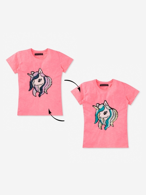 

MAGIC TEES Girls Pink Unicorn Reversible Sequin Round Neck T-shirt