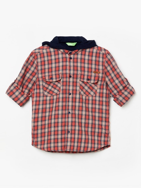 

Bossini Boys Coral Orange & Navy Blue Regular Fit Hooded Checked Casual Shirt