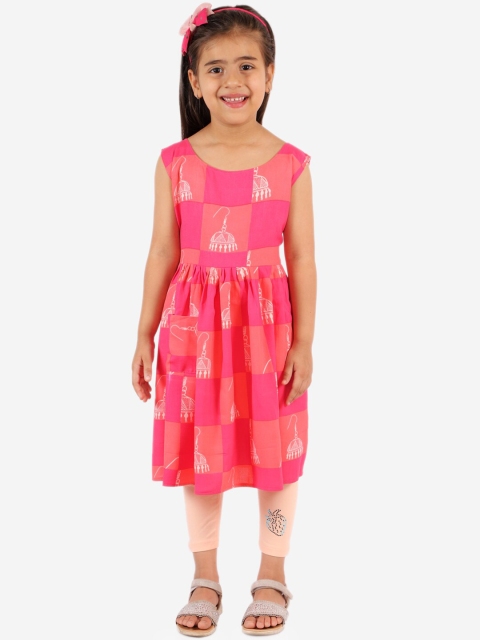 

Chipbeys Girls Peach-Coloured & Pink Checked Kurta with Leggings