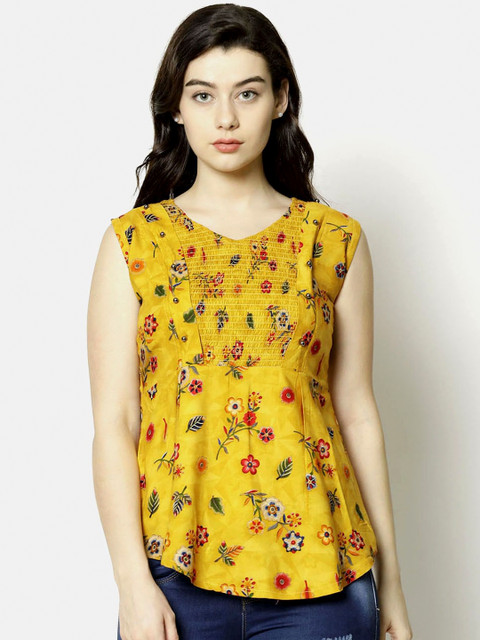 

V2 Value & Variety Mustard Yellow & Blue Floral Regular Top