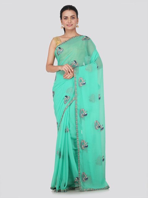 

PinkLoom Sea Green Embroidered Pure Chiffon Saree
