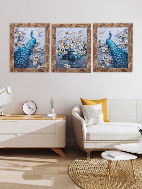 

Indianara Set of 3 Peacocks Framed Art Prints, Blue