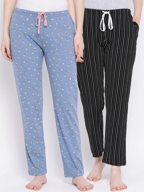 

Kanvin Women Pack Of 2 Printed Cotton Lounge Pants, Black