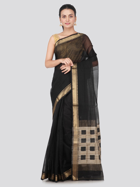 

PinkLoom Black & Gold-Toned Cotton Blend Solid Handloom Saree
