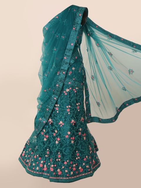

Pothys Teal & Pink Net Embroidered Traditional Half Saree